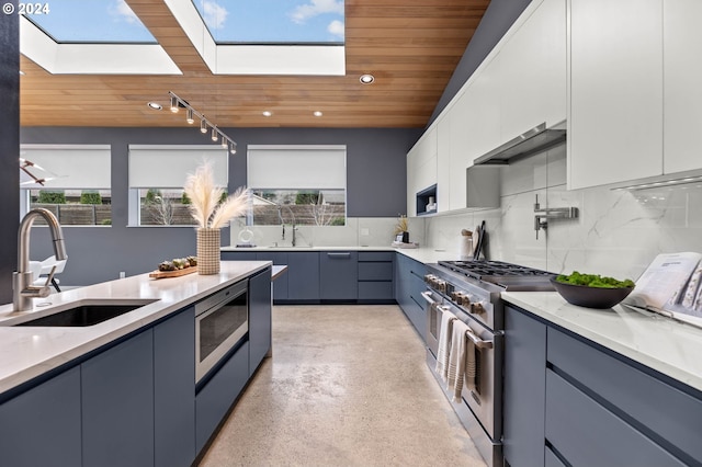 kitchen with a skylight, white cabinetry, sink, a wealth of natural light, and appliances with stainless steel finishes