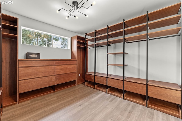 spacious closet with light hardwood / wood-style floors and a notable chandelier