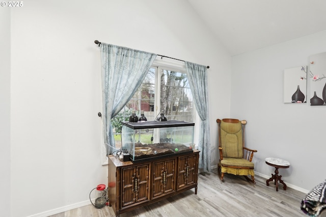 living area with vaulted ceiling and light hardwood / wood-style flooring