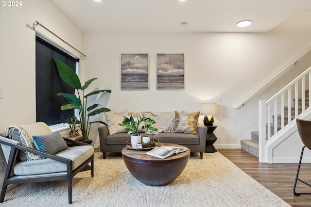 2828 22nd Ave Unit 10, Forest Grove, OR 97116 - living room featuring stairway, wood finished floors, baseboards, and recessed lighting