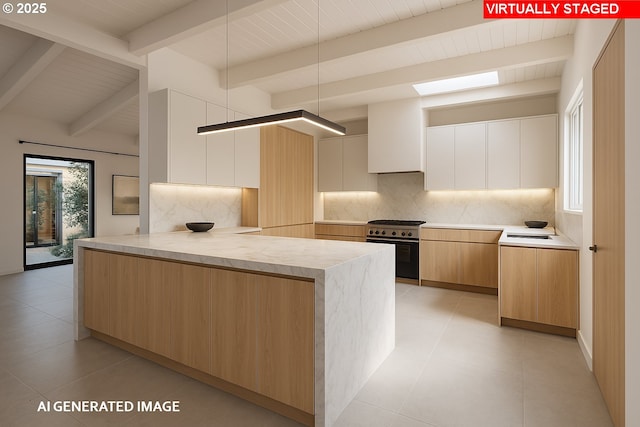 kitchen featuring modern cabinets, high end stove, backsplash, and premium range hood