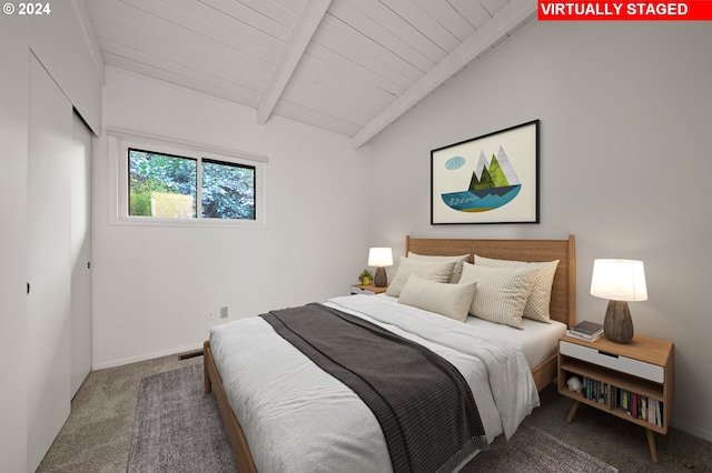 carpeted bedroom featuring lofted ceiling with beams, baseboards, and wooden ceiling