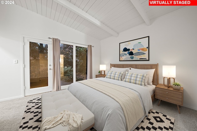 bedroom with lofted ceiling with beams, wooden ceiling, access to outside, baseboards, and light carpet