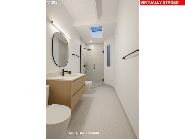 bathroom featuring vanity, toilet, baseboards, a shower stall, and beam ceiling