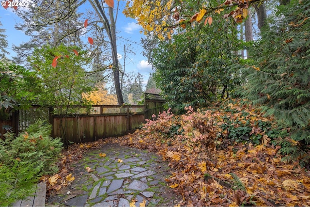 view of yard featuring fence and a patio area