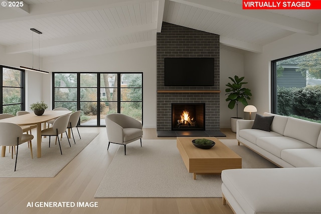 living area featuring lofted ceiling with beams, a fireplace, and wood finished floors