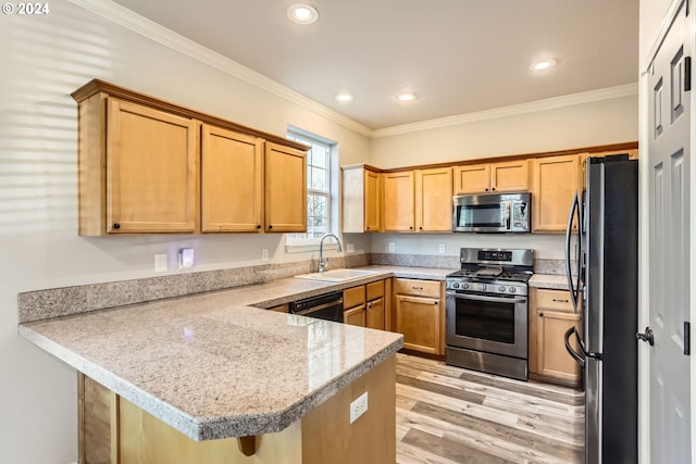 kitchen featuring sink, kitchen peninsula, stainless steel appliances, and ornamental molding