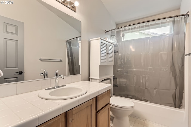 full bathroom featuring vanity, shower / bathtub combination with curtain, and toilet