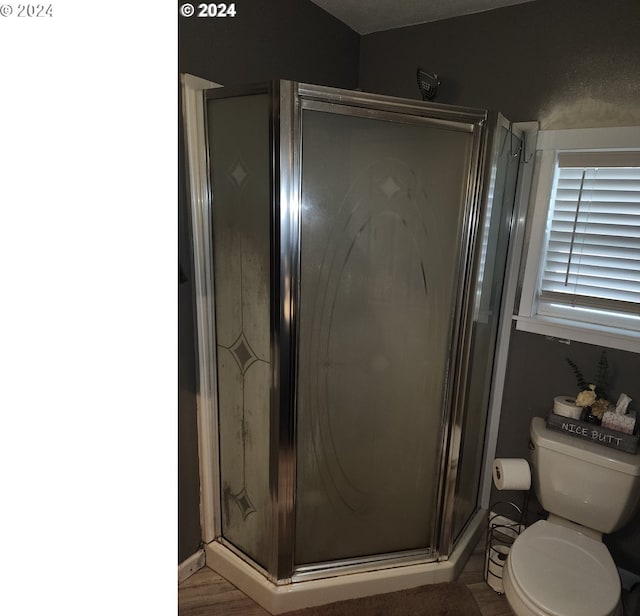 bathroom with toilet, hardwood / wood-style flooring, and a shower with door