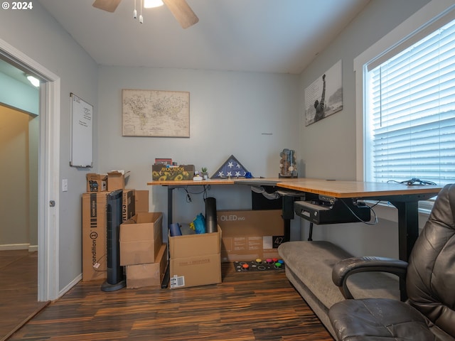 office with ceiling fan and dark hardwood / wood-style floors