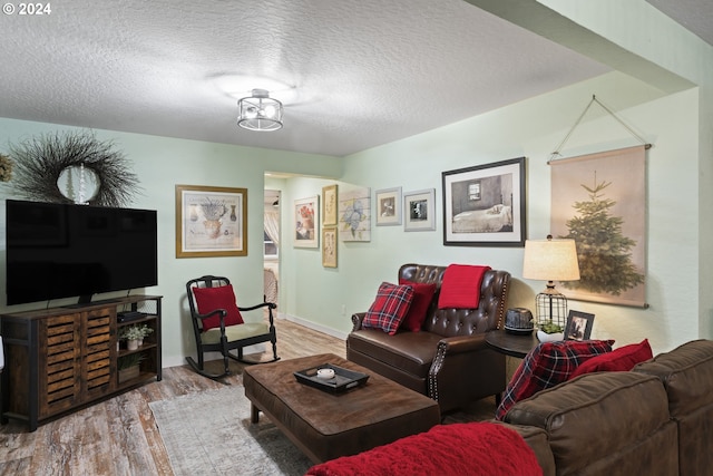 living room with light hardwood / wood-style flooring and a textured ceiling