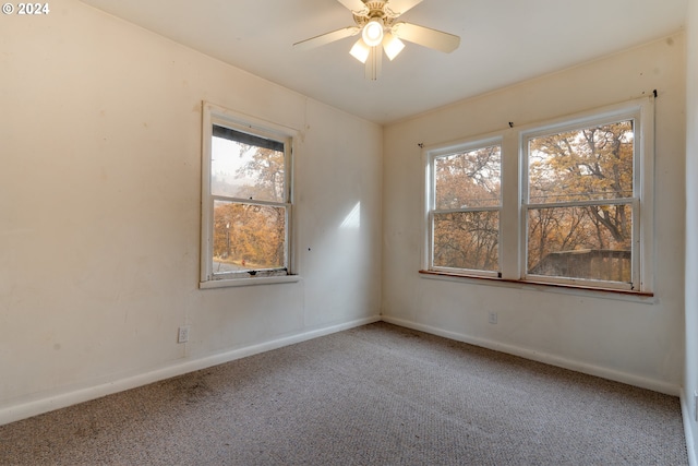 empty room with carpet flooring and ceiling fan