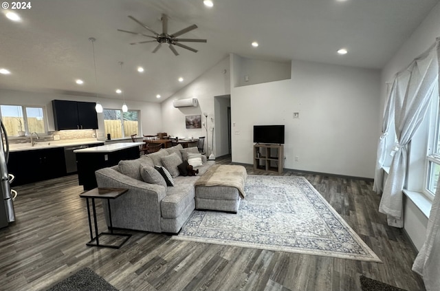 living room featuring baseboards, dark wood finished floors, a ceiling fan, high vaulted ceiling, and recessed lighting