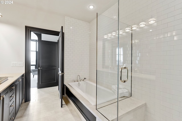 bathroom with vanity and separate shower and tub