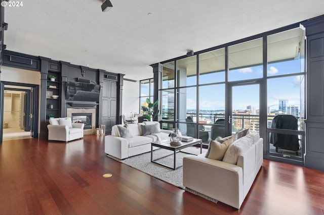 living room featuring dark hardwood / wood-style flooring, a wealth of natural light, and floor to ceiling windows