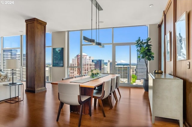 dining area with floor to ceiling windows and dark wood-type flooring