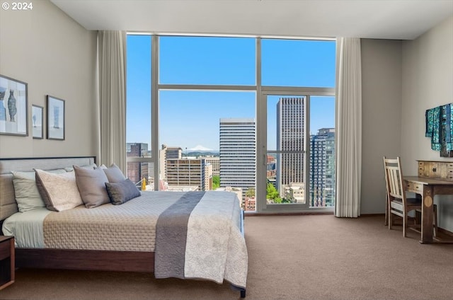 bedroom with floor to ceiling windows and carpet floors