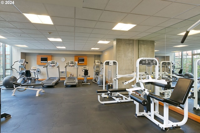 workout area featuring a drop ceiling and a wall of windows