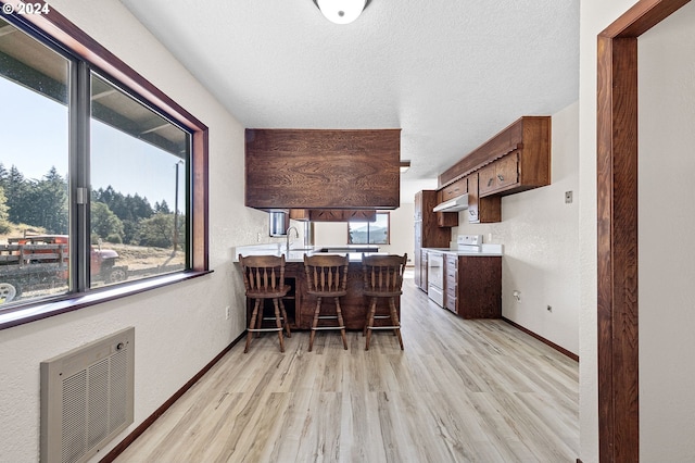 kitchen featuring light hardwood / wood-style flooring, white electric stove, kitchen peninsula, and a wealth of natural light