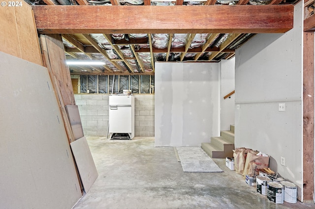 basement with white fridge