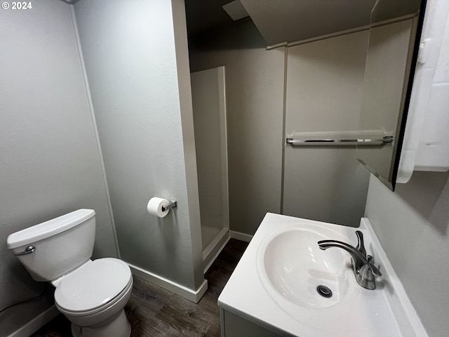 bathroom featuring a shower, vanity, wood-type flooring, and toilet