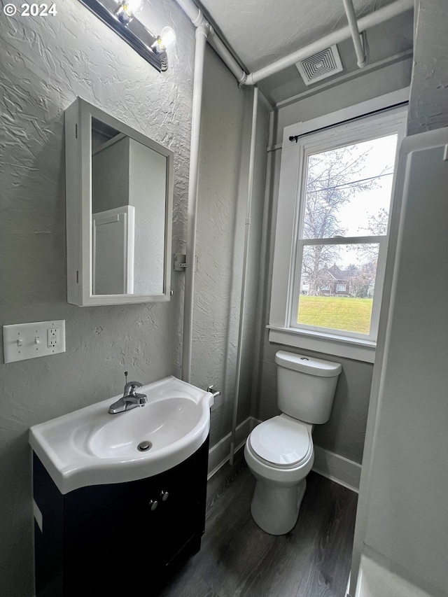 bathroom with hardwood / wood-style floors, vanity, and toilet