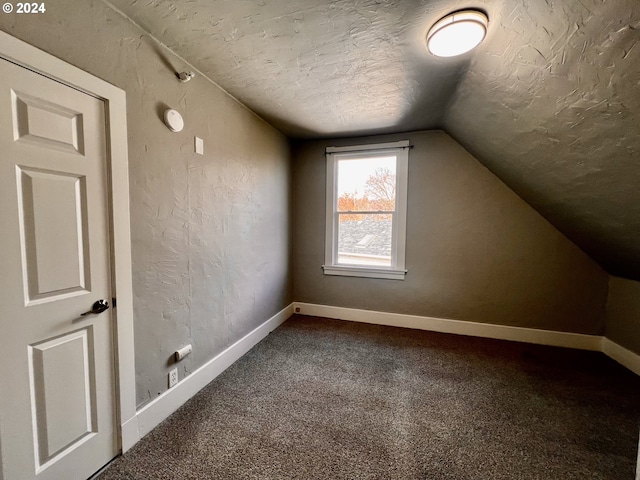 additional living space with a textured ceiling, carpet, and vaulted ceiling