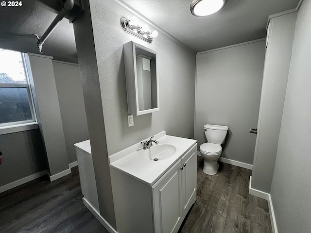 bathroom with vanity, hardwood / wood-style flooring, and toilet