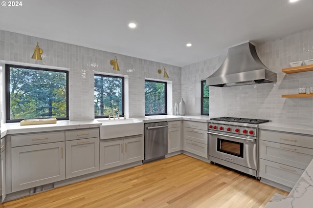 kitchen featuring exhaust hood, light hardwood / wood-style flooring, stainless steel appliances, and plenty of natural light