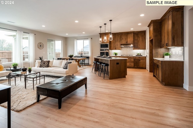 living room with a wealth of natural light and light hardwood / wood-style flooring