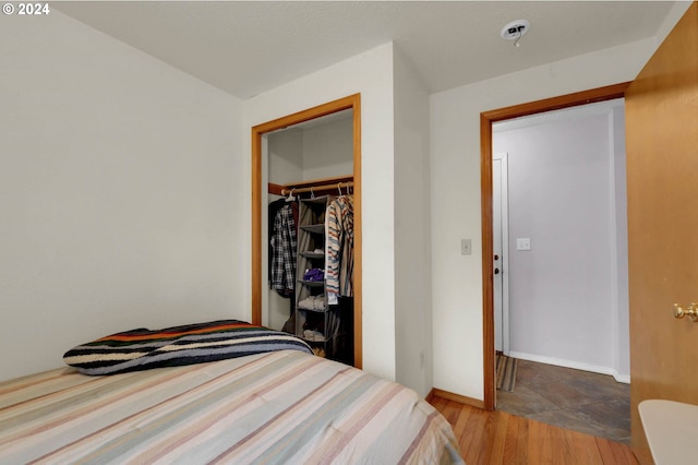 bedroom with a walk in closet, a closet, and hardwood / wood-style flooring