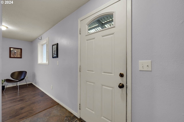 foyer entrance with a textured ceiling and dark hardwood / wood-style floors