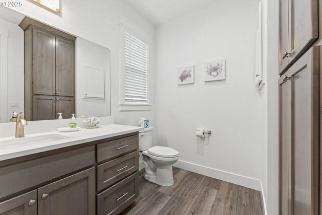 bathroom featuring wood-type flooring, toilet, and vanity