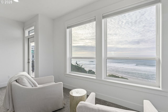 sitting room with a water view, a healthy amount of sunlight, and carpet flooring