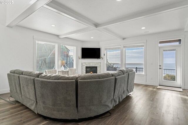 living room featuring dark wood-type flooring, a healthy amount of sunlight, and beam ceiling