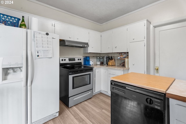 kitchen with stainless steel electric range, dishwasher, light wood-type flooring, white refrigerator with ice dispenser, and white cabinetry