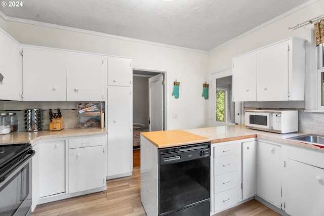 kitchen with dishwasher, range with electric stovetop, light hardwood / wood-style floors, ornamental molding, and white cabinets