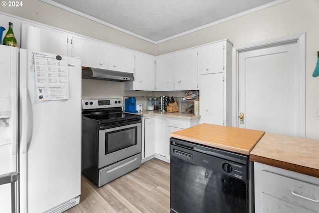 kitchen featuring white fridge, black dishwasher, light hardwood / wood-style flooring, stainless steel range with electric stovetop, and white cabinets