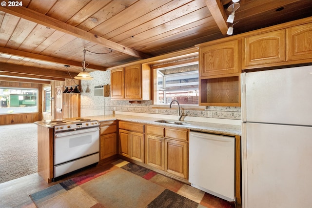 kitchen with sink, a healthy amount of sunlight, light colored carpet, and white appliances