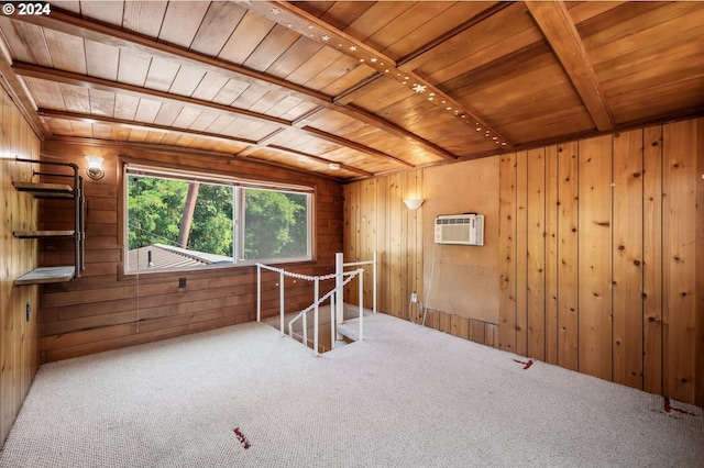 additional living space with carpet floors, wood ceiling, a wall unit AC, and wood walls