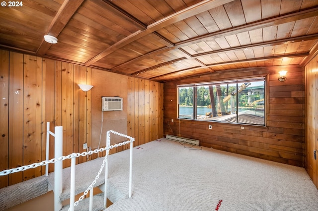 additional living space featuring a baseboard heating unit, wood ceiling, a wall unit AC, and wood walls