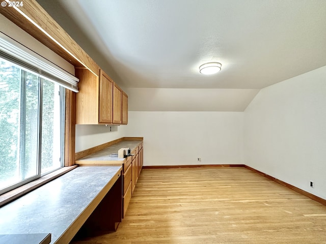 additional living space featuring light hardwood / wood-style floors and vaulted ceiling