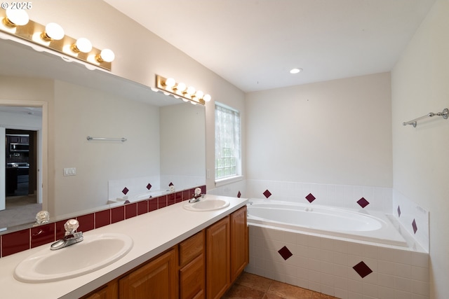 17413 Wake Robin Cir, Oregon City, OR 97045 - full bathroom with a bath, double vanity, tile patterned flooring, and recessed lighting