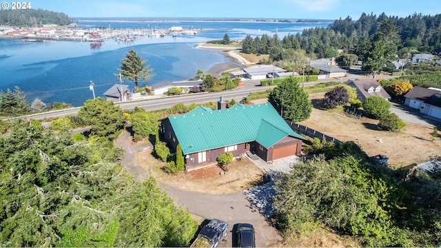 drone / aerial view featuring a water view