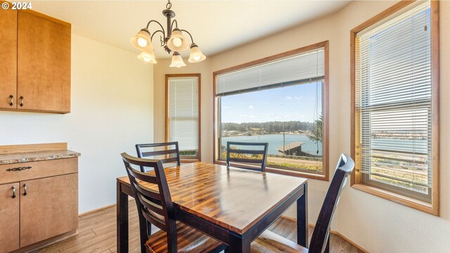 dining room with light hardwood / wood-style floors, an inviting chandelier, and a water view