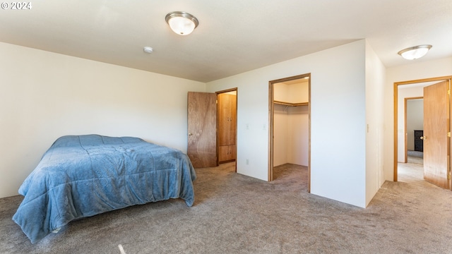 carpeted bedroom featuring a closet and a walk in closet