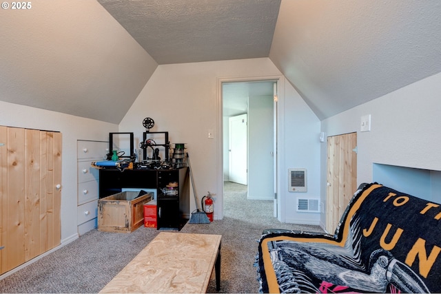 living area featuring lofted ceiling, heating unit, light colored carpet, and a textured ceiling