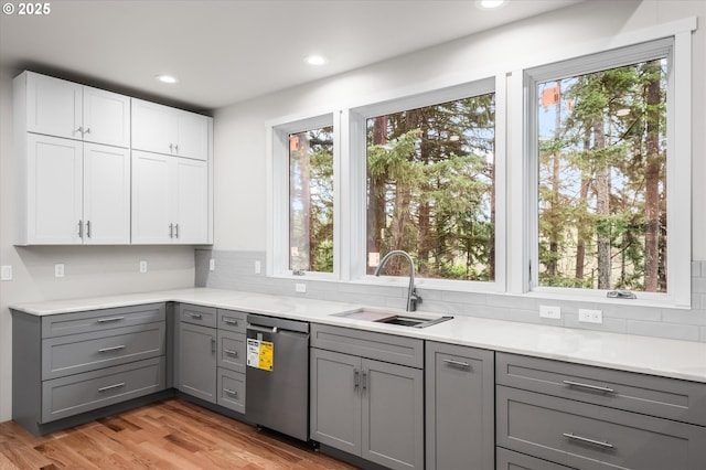 kitchen with sink, gray cabinetry, dishwasher, a wealth of natural light, and white cabinets