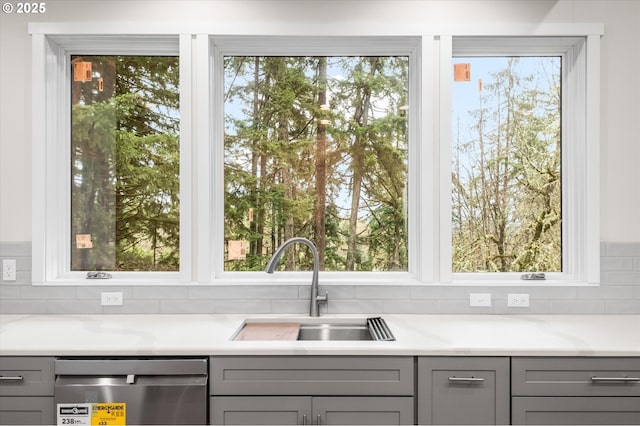 kitchen featuring gray cabinets, sink, and dishwasher