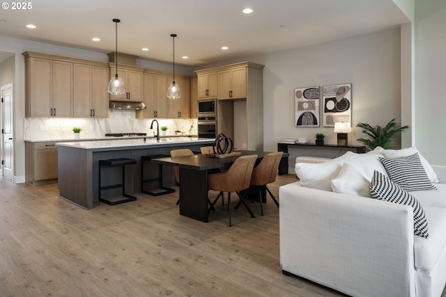 kitchen featuring light wood finished floors, tasteful backsplash, under cabinet range hood, recessed lighting, and appliances with stainless steel finishes